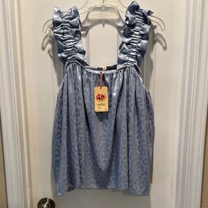 Entro Light Blue Ruffled Sleeveless Blouse - leopard print